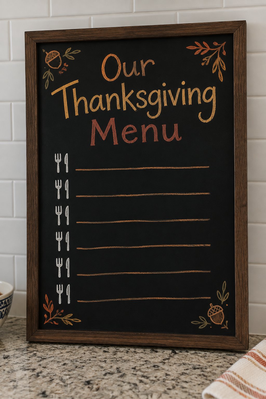 Thanksgiving Menu Board: a framed chalkboard sign showing "Our Thanksgiving Menu", hand-drawn in fall chalk colors, with six blank lines beside six small fork-and-knife doodles for listing each dish.