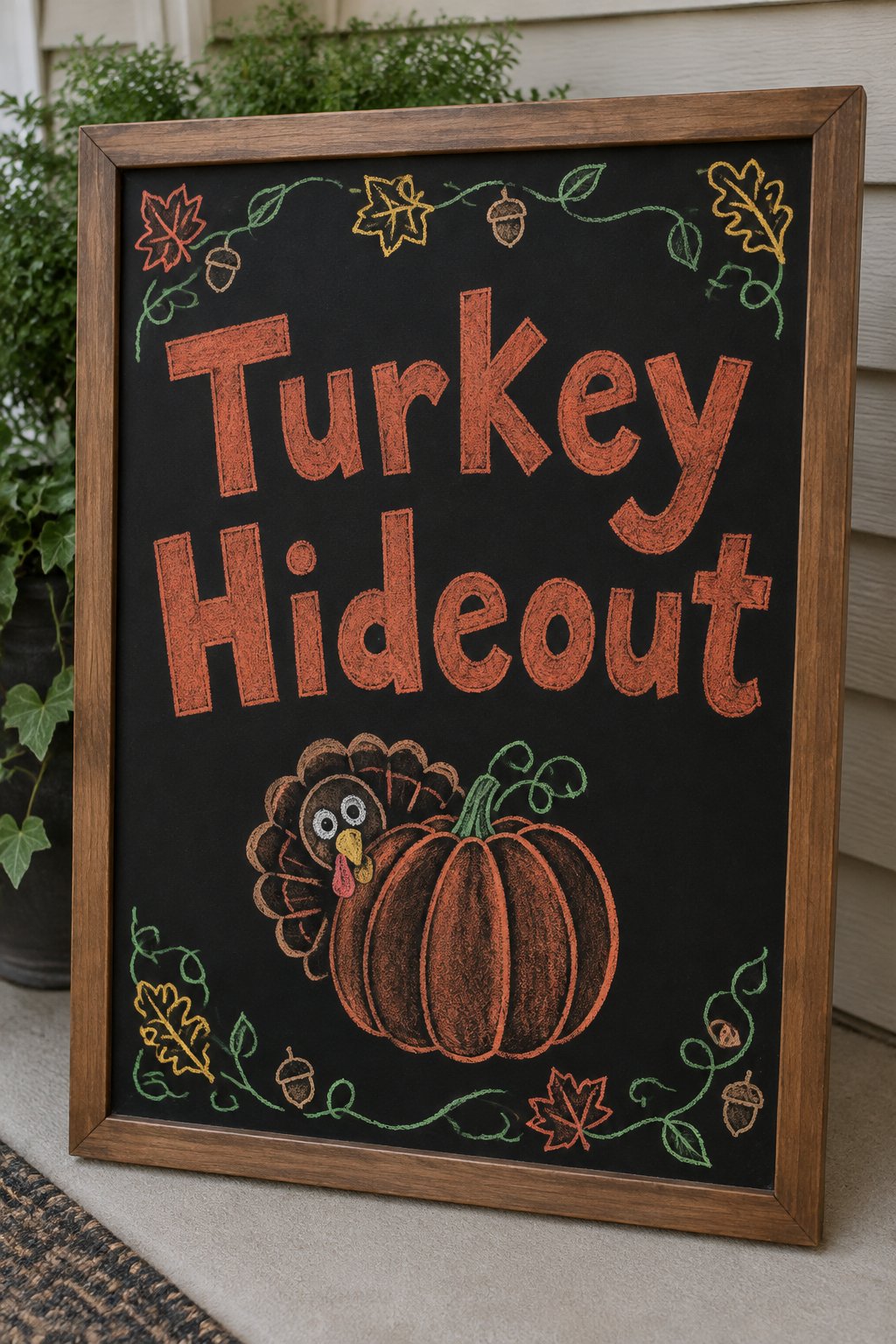 Turkey Hideout Sign: a framed fall chalkboard sign reading "Turkey Hideout", hand-drawn in chalk with a turkey peeking out from behind one large pumpkin.