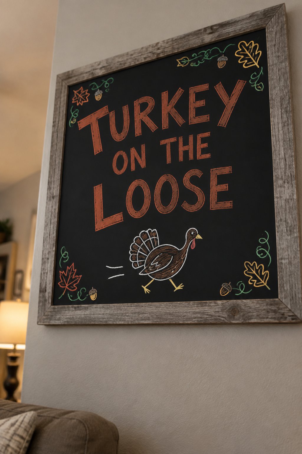 Turkey on the Loose Board: a framed fall chalkboard sign reading "Turkey on the Loose", hand-drawn in chalk with a turkey mid-waddle with two small motion lines behind it.