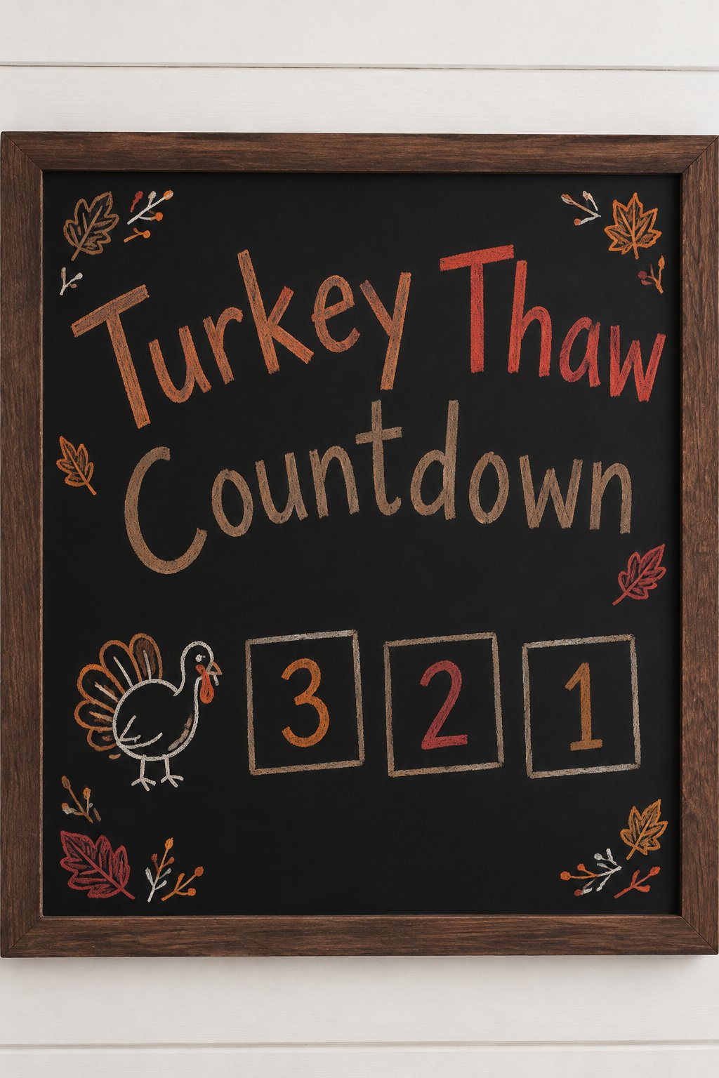 Turkey Thaw Countdown: a framed chalkboard sign showing "Turkey Thaw Countdown", hand-drawn in fall chalk colors, with three small numbered boxes counting down 3 2 1 for the days the turkey needs in t