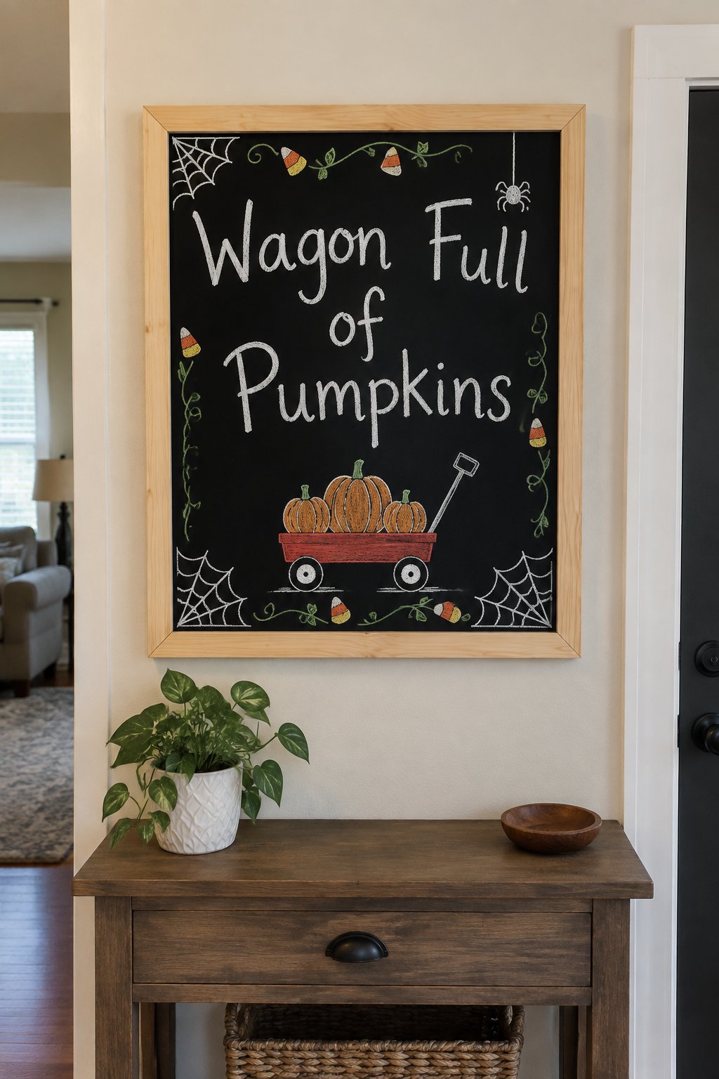 Wagon Full of Pumpkins Sign: a framed Halloween chalkboard sign reading "Wagon Full of Pumpkins", hand-drawn in chalk with a small red wagon with three round pumpkins piled inside.