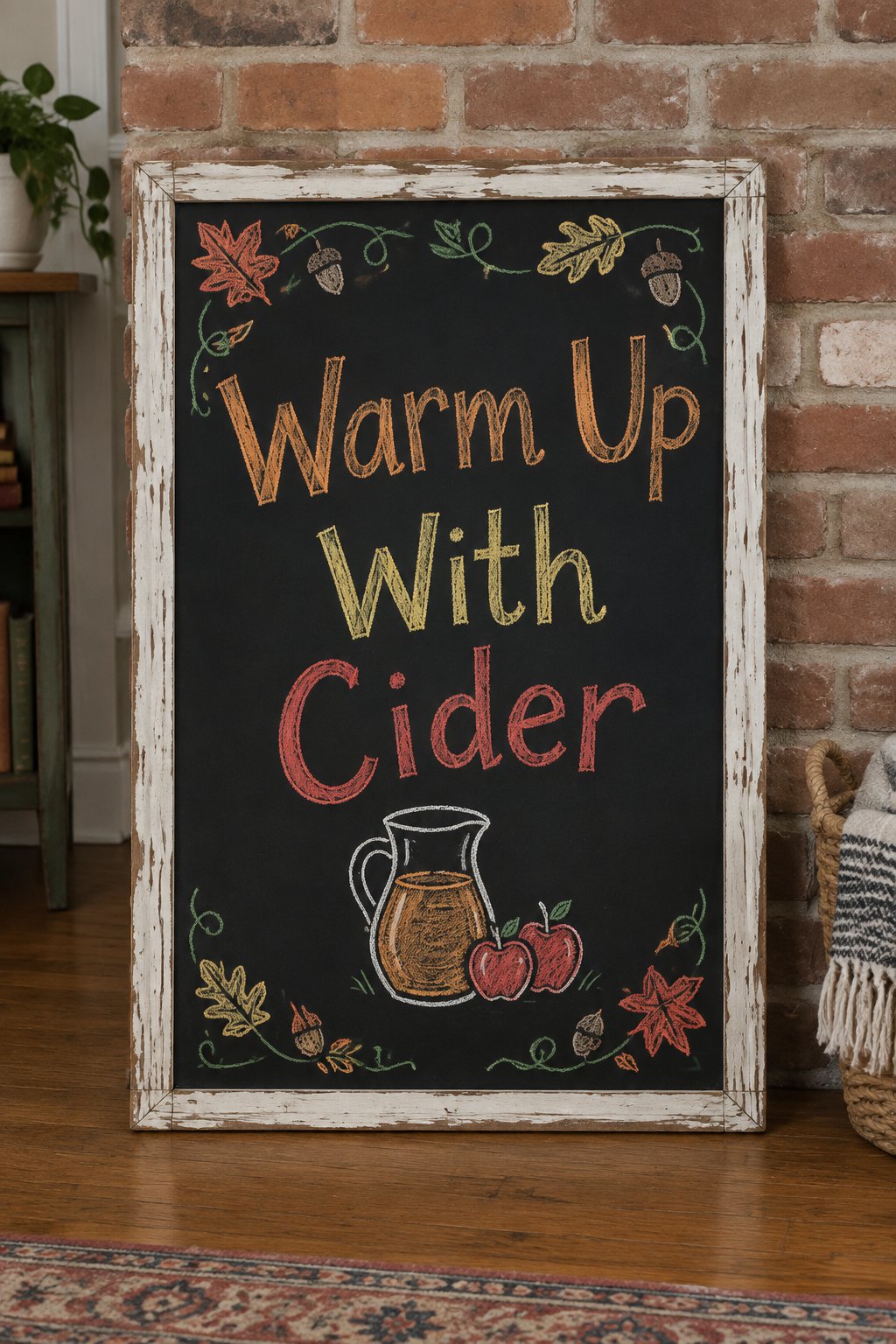 Warm Apple Cider Sign: a framed fall chalkboard sign reading "Warm Up With Cider", hand-drawn in chalk with a small pitcher of cider beside two little apples.