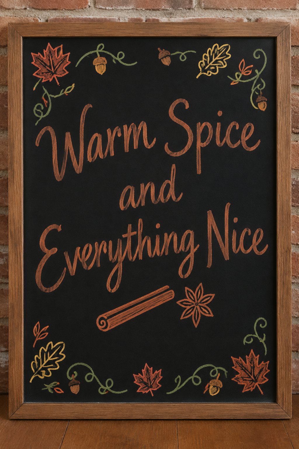 Warm Spice Table Sign: a framed fall chalkboard sign reading "Warm Spice and Everything Nice", hand-drawn in chalk with one cinnamon stick and a small star anise beside the words.