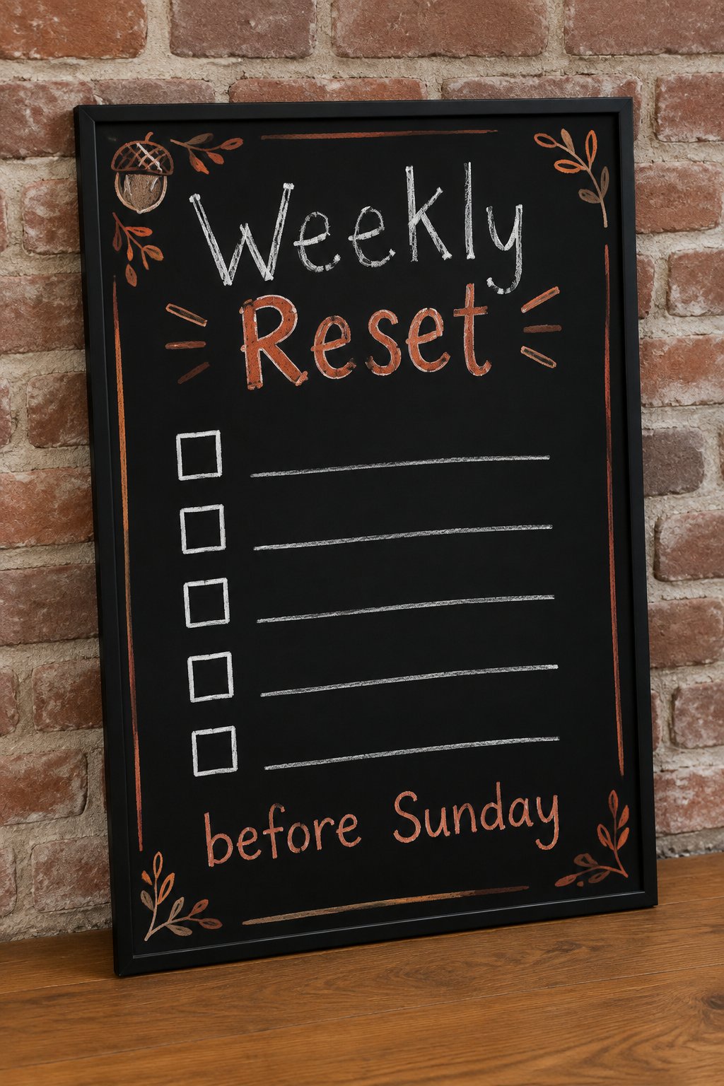 Weekly Reset Checklist: a framed chalkboard sign showing "Weekly Reset", hand-drawn in fall chalk colors, with five empty checkbox squares beside five blank lines for chores before Sunday.
