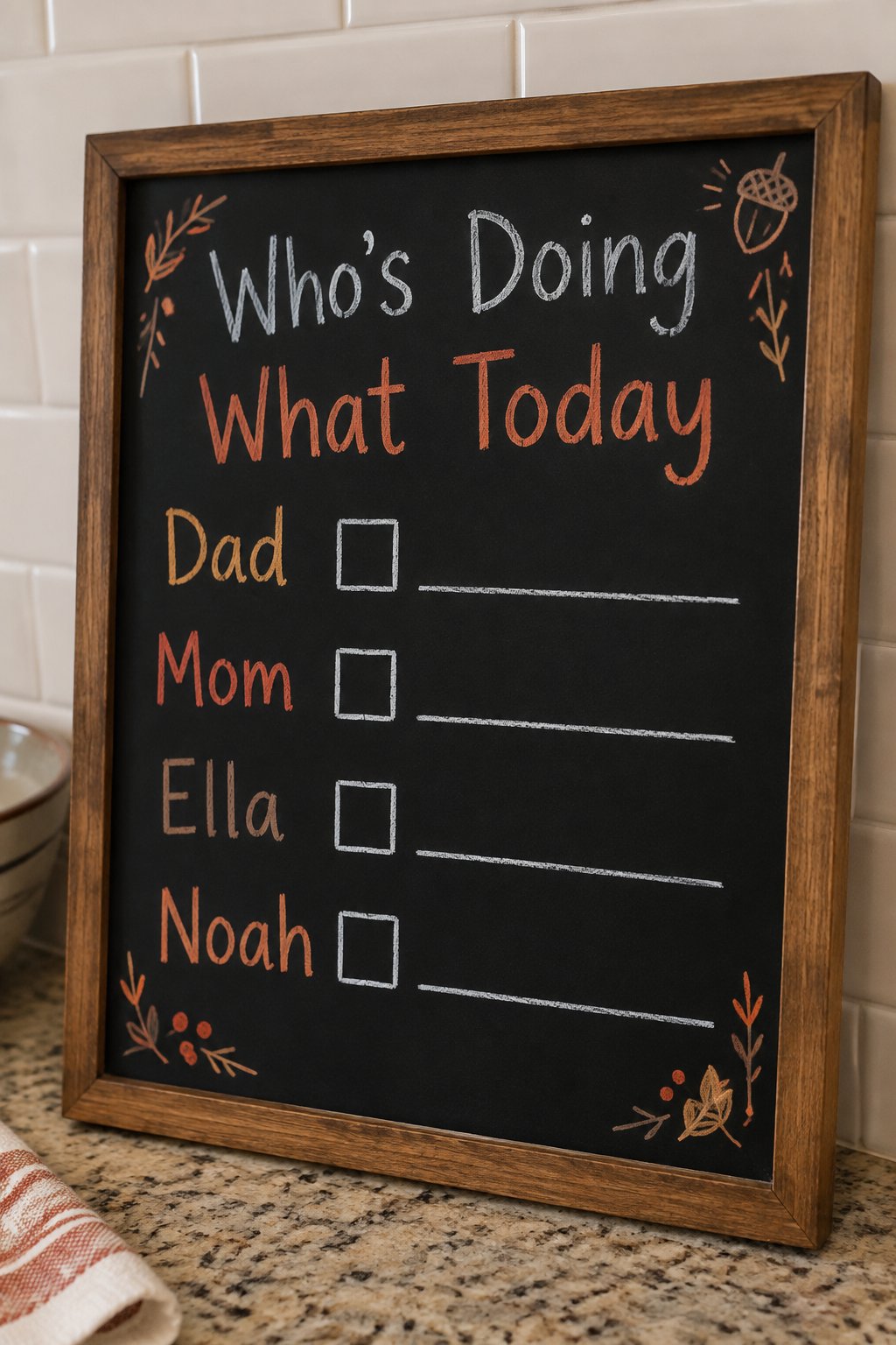 Who's Doing What Today: a framed chalkboard sign showing "Who's Doing What Today", hand-drawn in fall chalk colors, with four blank lines beside four small boxes, one for each family member's name.