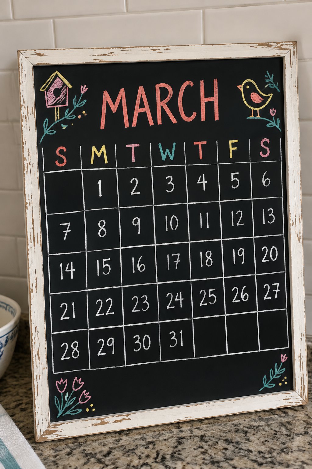 Birdhouse Corner Grid: a hand-drawn spring chalkboard sign reading "MARCH".