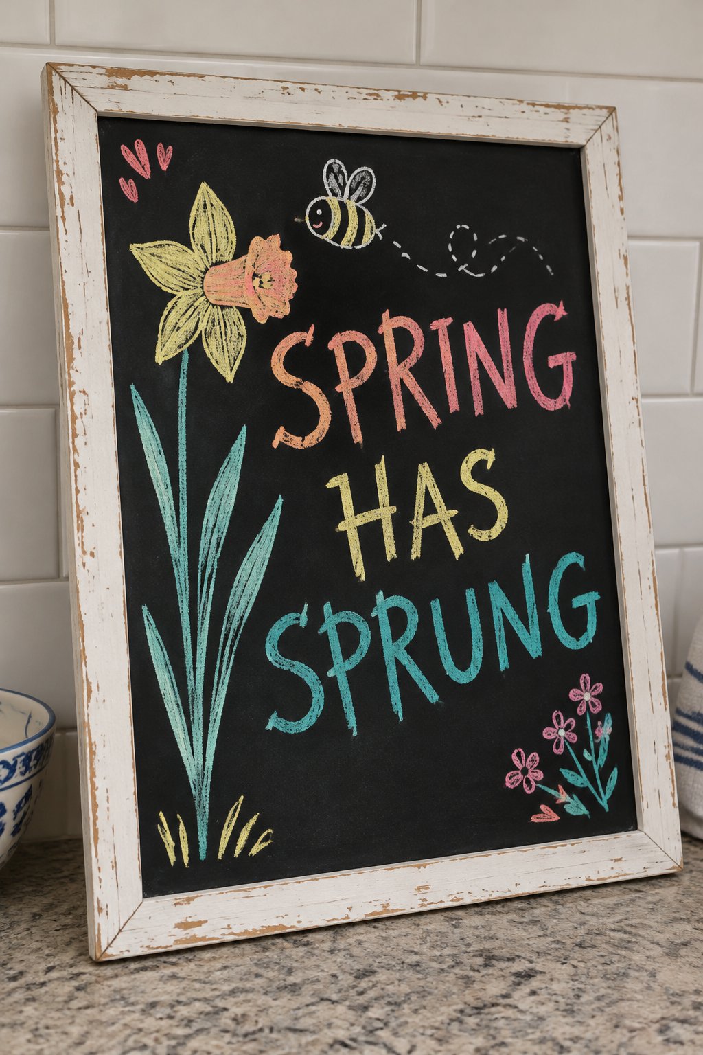 Daffodil and Bee: a hand-drawn spring chalkboard sign reading "SPRING HAS SPRUNG".