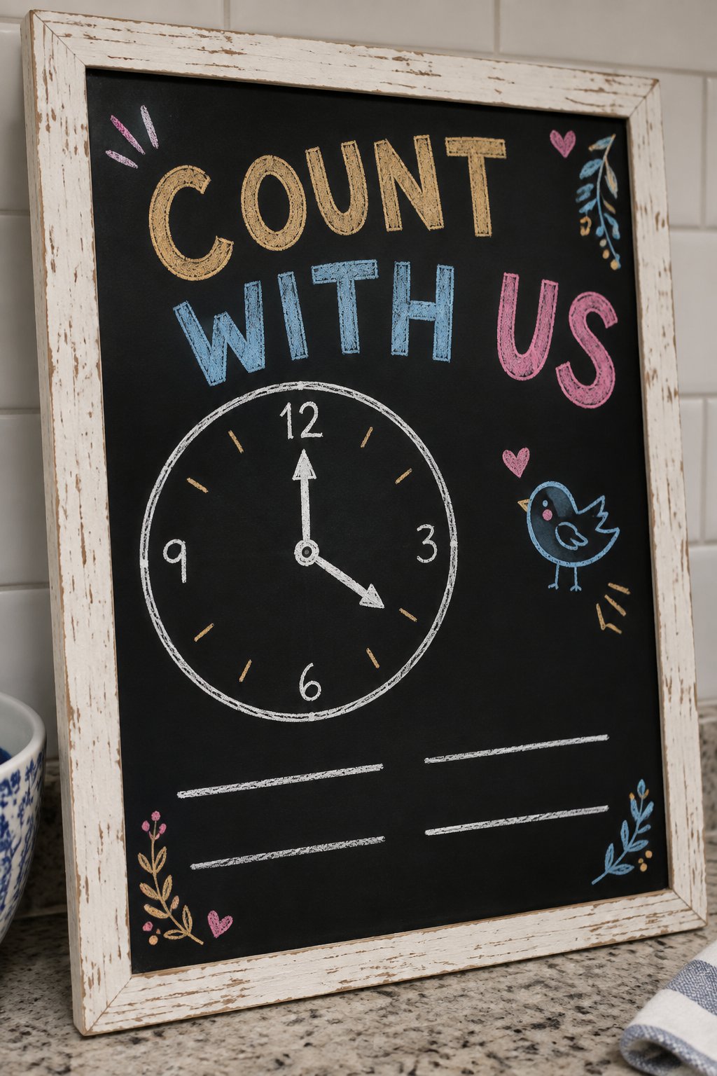 Family Countdown: a hand-drawn newyear chalkboard sign reading "COUNT WITH US".
