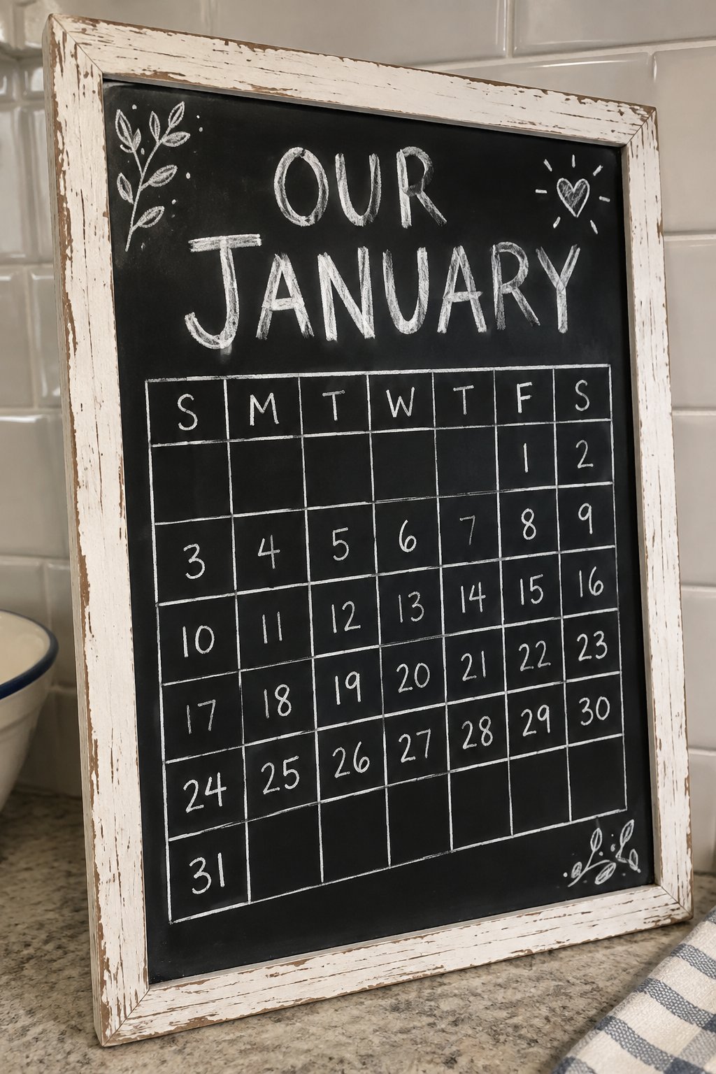 Family Month Grid: a hand-drawn winter chalkboard sign reading "OUR JANUARY".