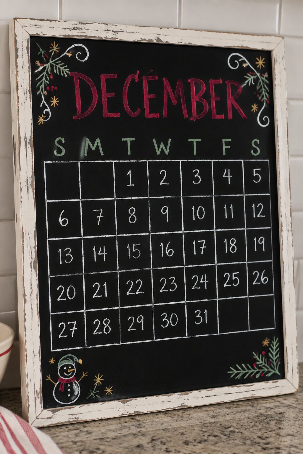 Frosty Window Grid: a hand-drawn christmas chalkboard sign reading "DECEMBER".