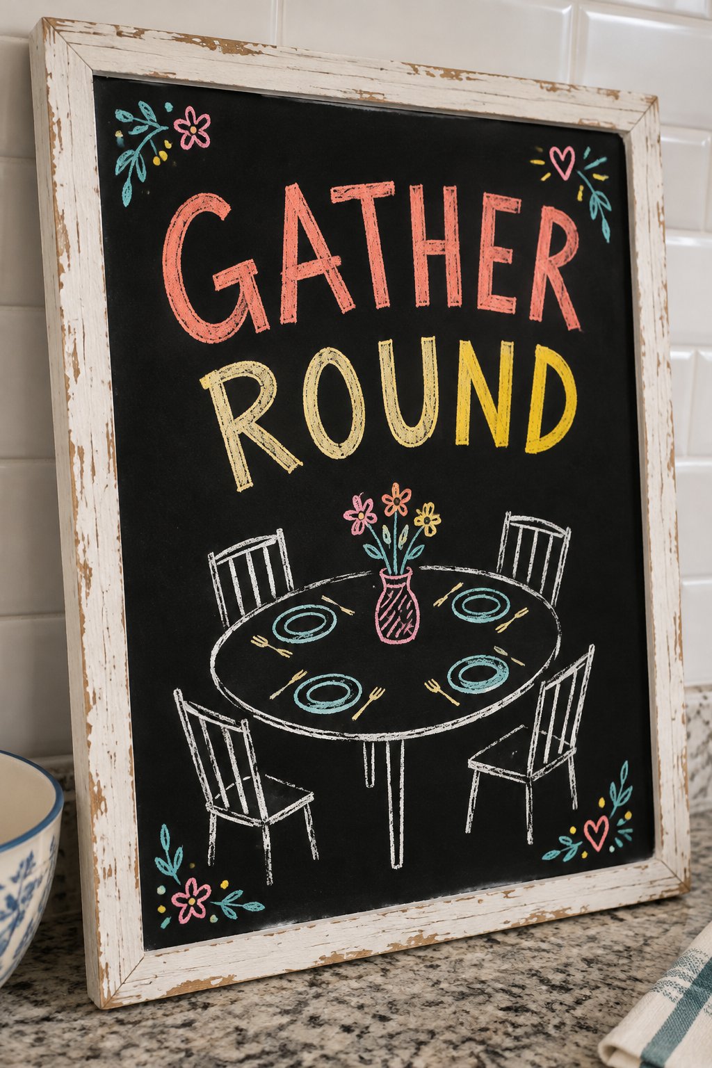 Gather Round: a hand-drawn spring chalkboard sign reading "GATHER ROUND".
