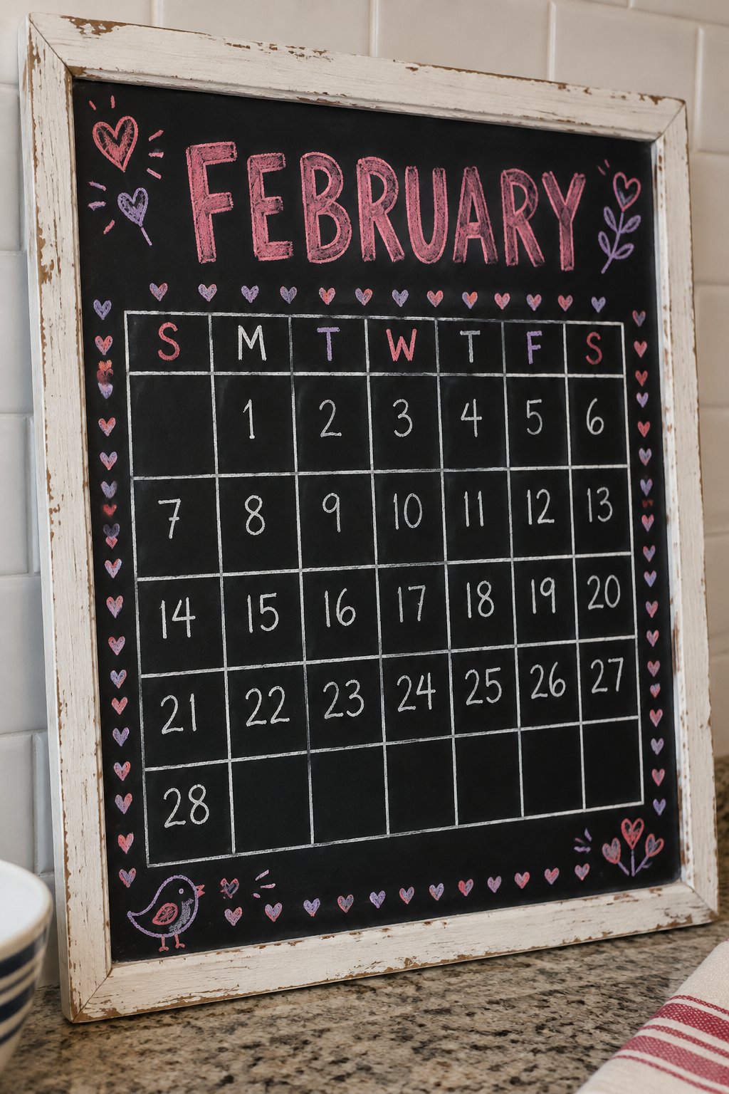 Heart Border Grid: a hand-drawn valentines chalkboard sign reading "FEBRUARY".