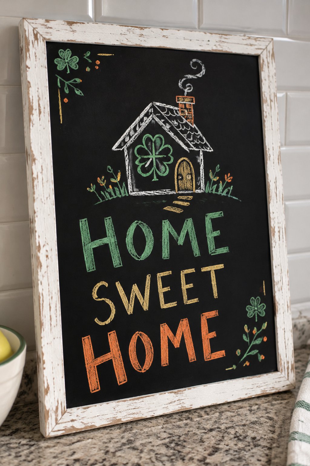 Home Sweet Shamrock: a hand-drawn stpatricks chalkboard sign reading "HOME SWEET HOME".