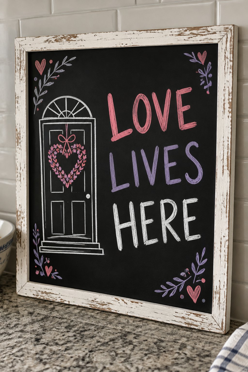 Love Lives Here: a hand-drawn valentines chalkboard sign reading "LOVE LIVES HERE".