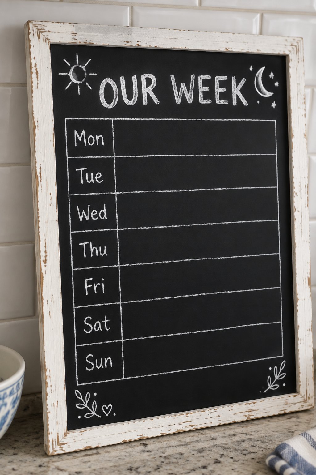 Our Week: a hand-drawn winter chalkboard sign reading "OUR WEEK".