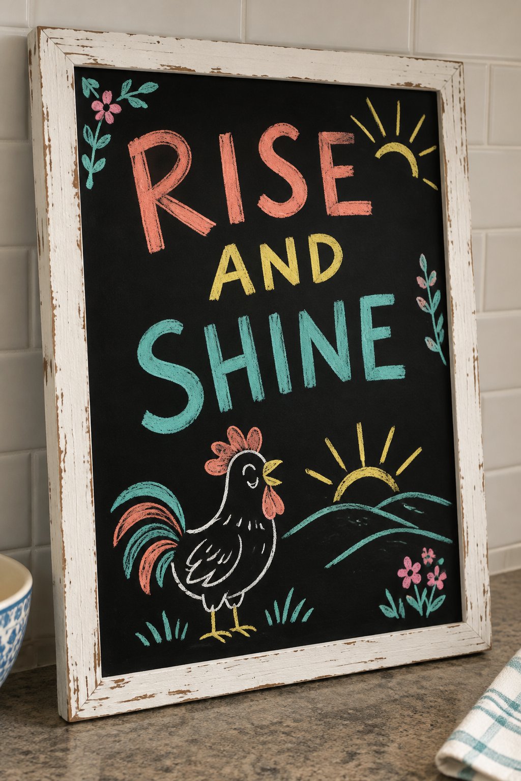 Rise and Shine: a hand-drawn spring chalkboard sign reading "RISE AND SHINE".