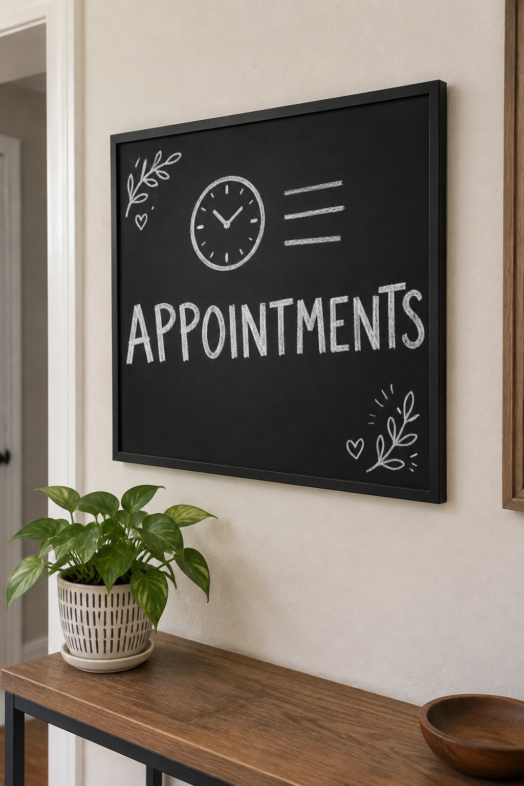 Appointments: a hand-drawn winter chalkboard sign reading "APPOINTMENTS".
