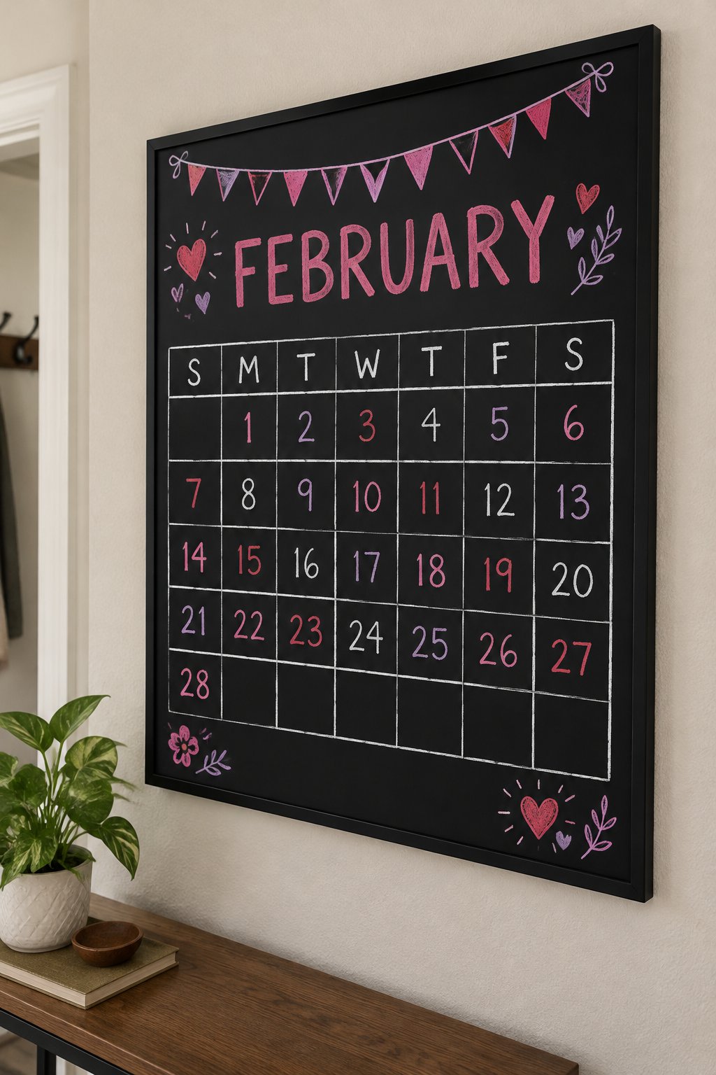 Banner Grid: a hand-drawn valentines chalkboard sign reading "FEBRUARY".