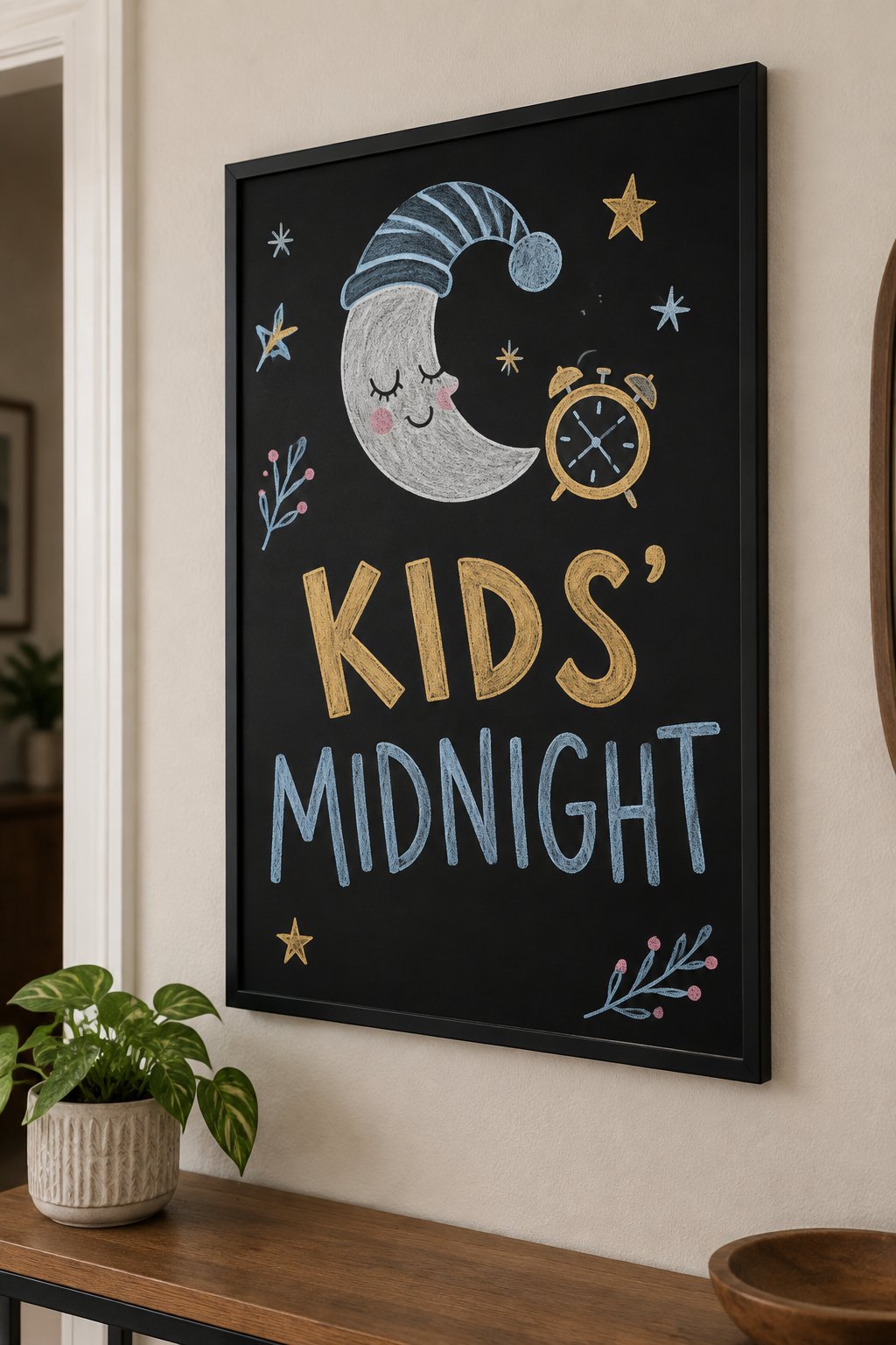 Bedtime Countdown: a hand-drawn newyear chalkboard sign reading "KIDS' MIDNIGHT".