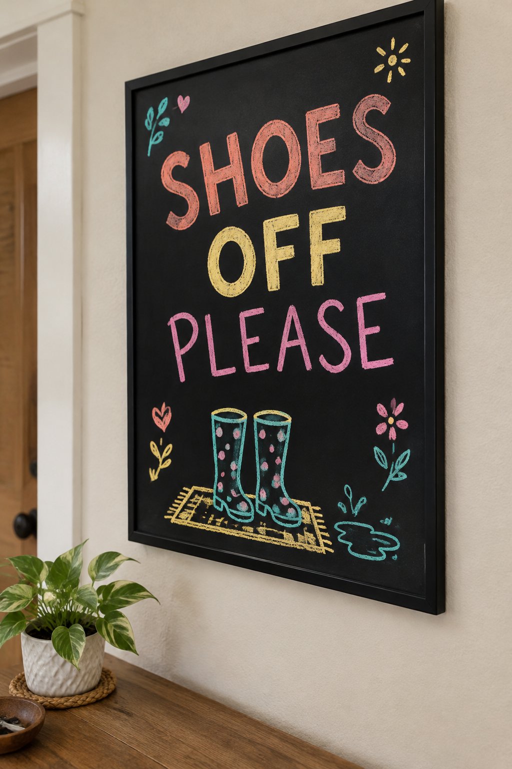 Boots by the Door: a hand-drawn spring chalkboard sign reading "SHOES OFF PLEASE".