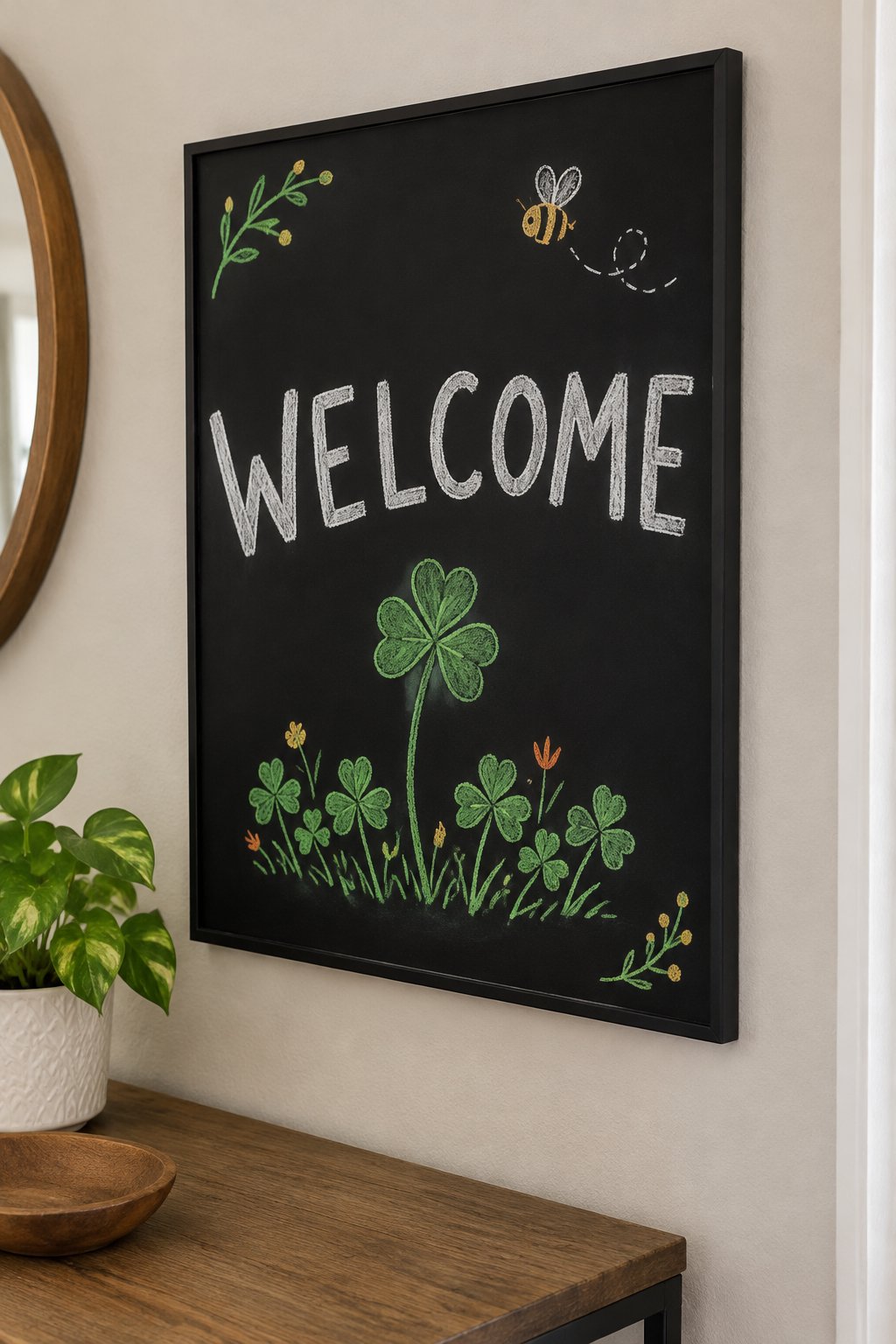 Clover Patch Welcome: a hand-drawn stpatricks chalkboard sign reading "WELCOME".