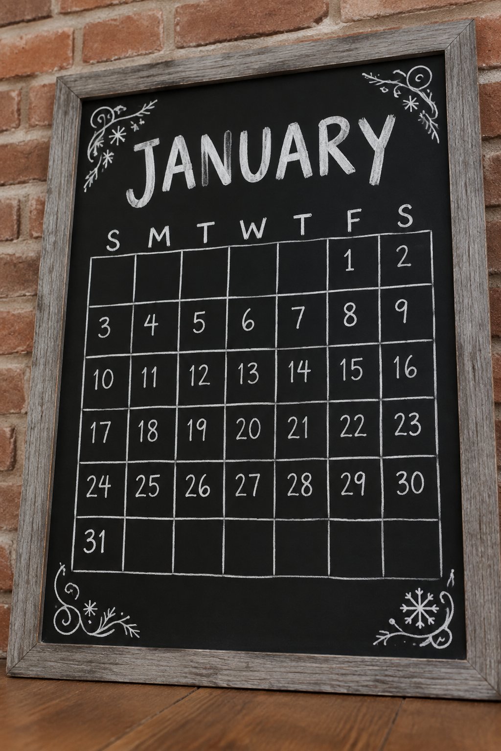 Frosty Swirl Grid: a hand-drawn winter chalkboard sign reading "JANUARY".