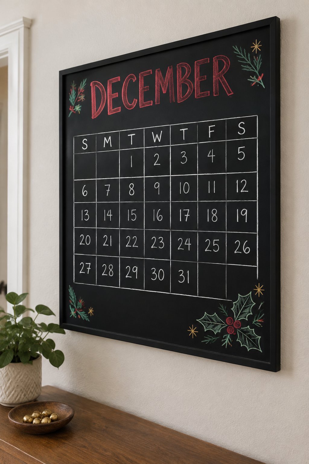 Holly Corner Grid: a hand-drawn christmas chalkboard sign reading "DECEMBER".