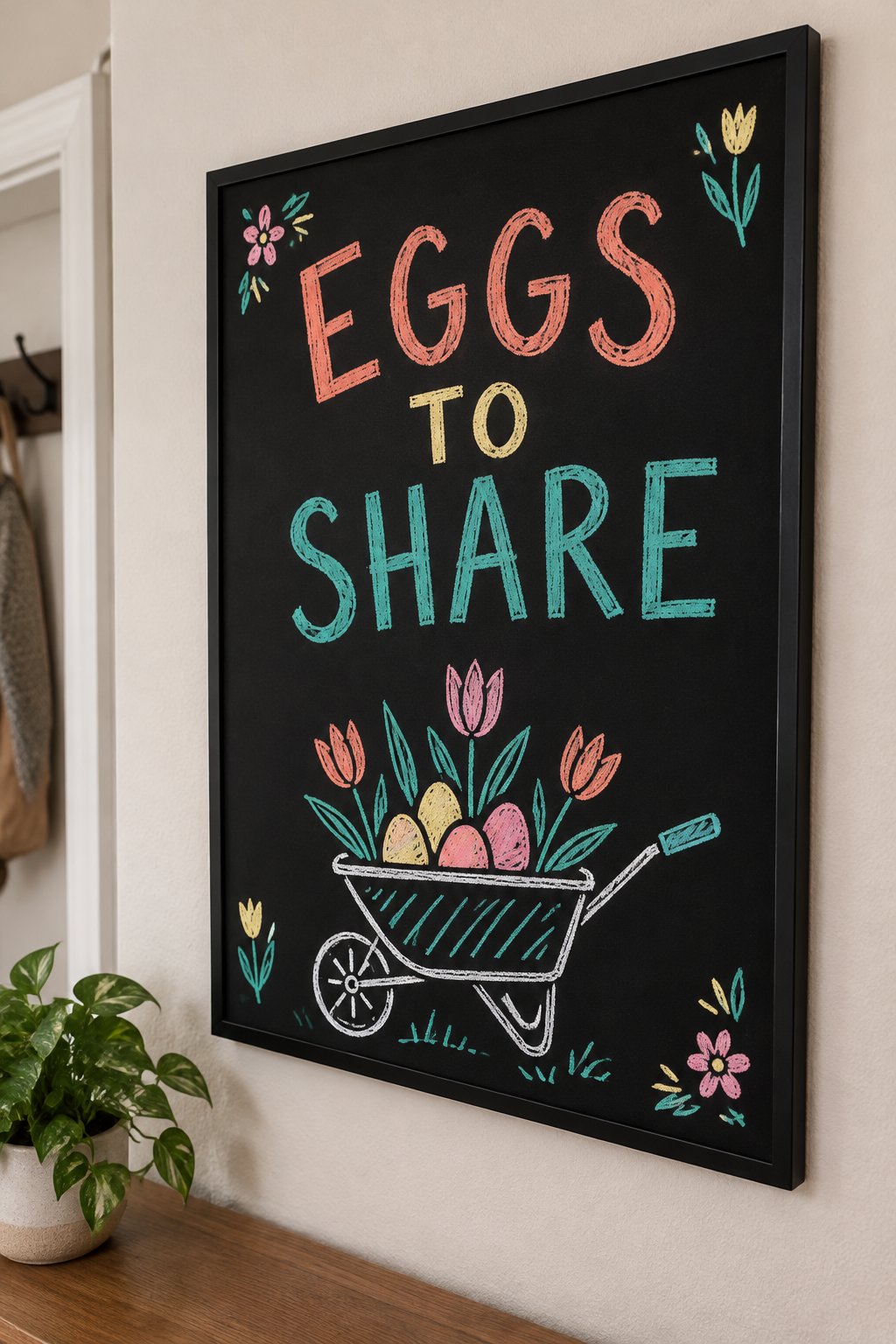 Wheelbarrow of Eggs: a hand-drawn spring chalkboard sign reading "EGGS TO SHARE".
