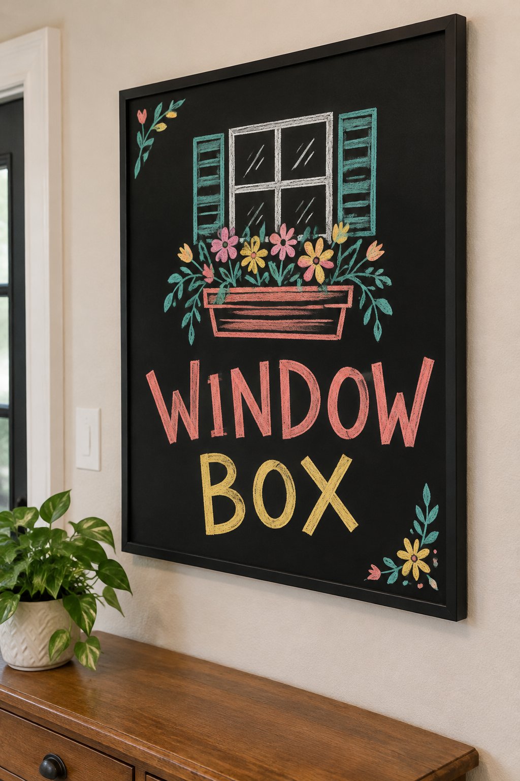 Window Box: a hand-drawn spring chalkboard sign reading "WINDOW BOX".