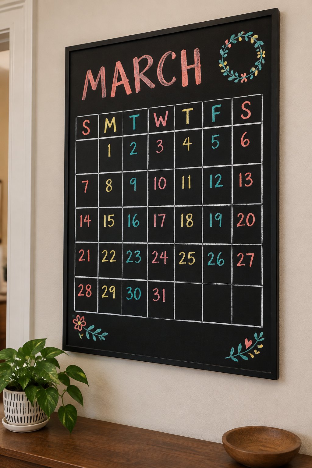 Wreath Grid: a hand-drawn spring chalkboard sign reading "MARCH".