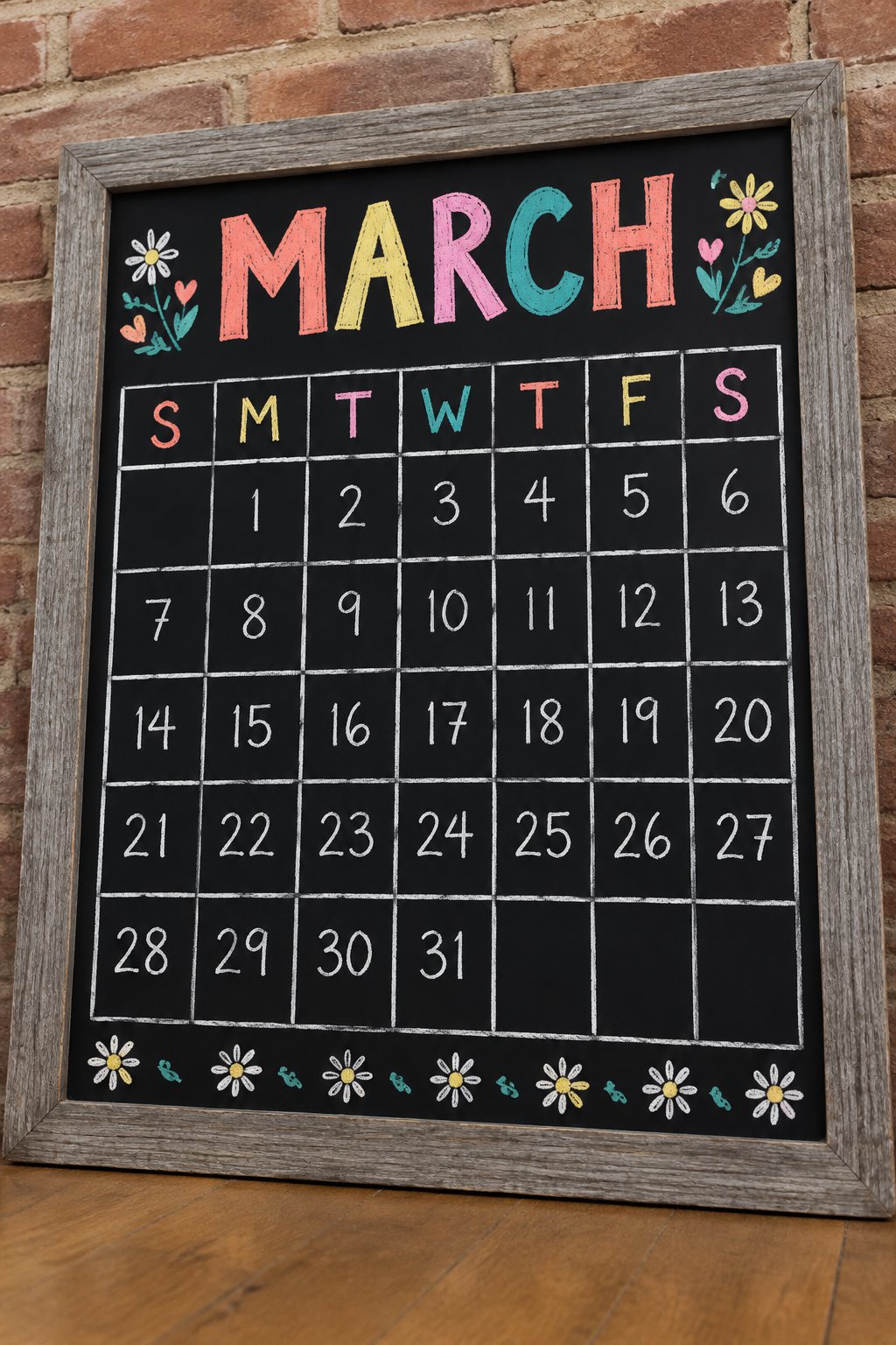 Daisy Border Grid: a hand-drawn spring chalkboard sign reading "MARCH".