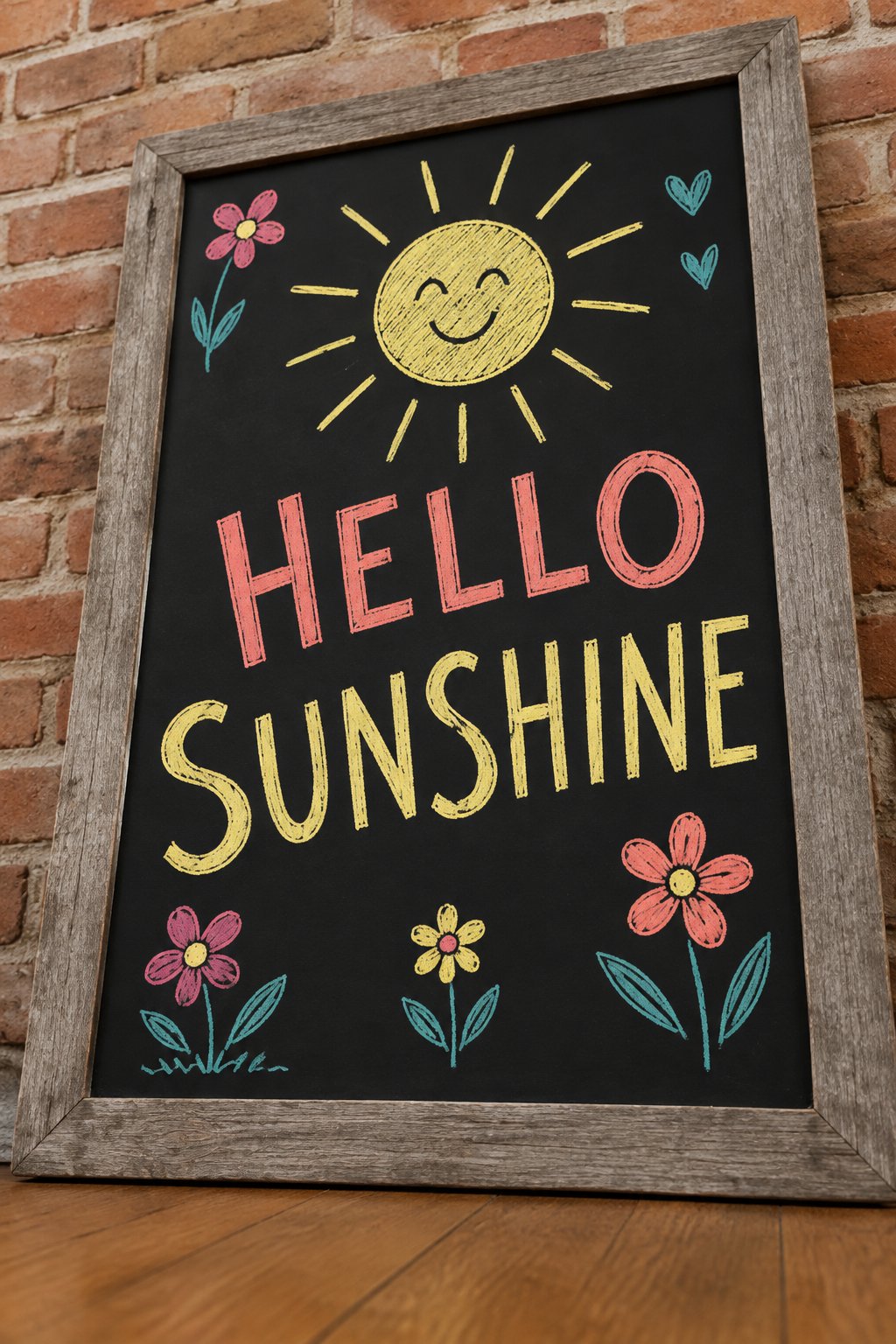 Hello Sunshine: a hand-drawn spring chalkboard sign reading "HELLO SUNSHINE".
