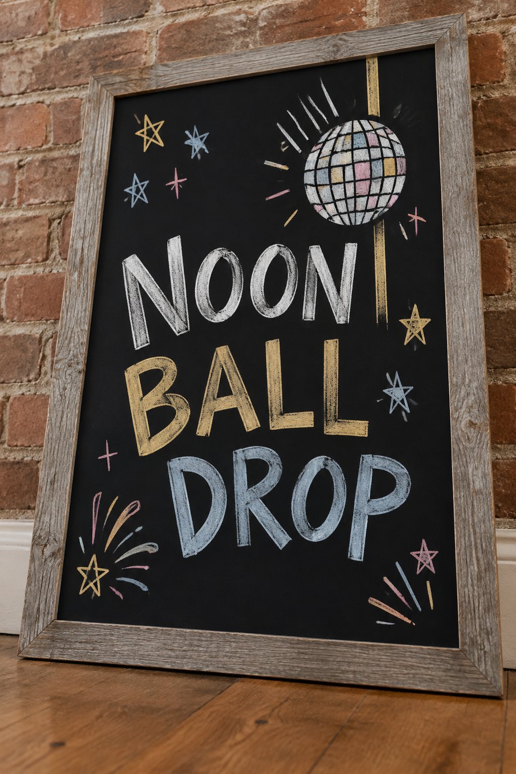 Noon Ball Drop: a hand-drawn newyear chalkboard sign reading "NOON BALL DROP".