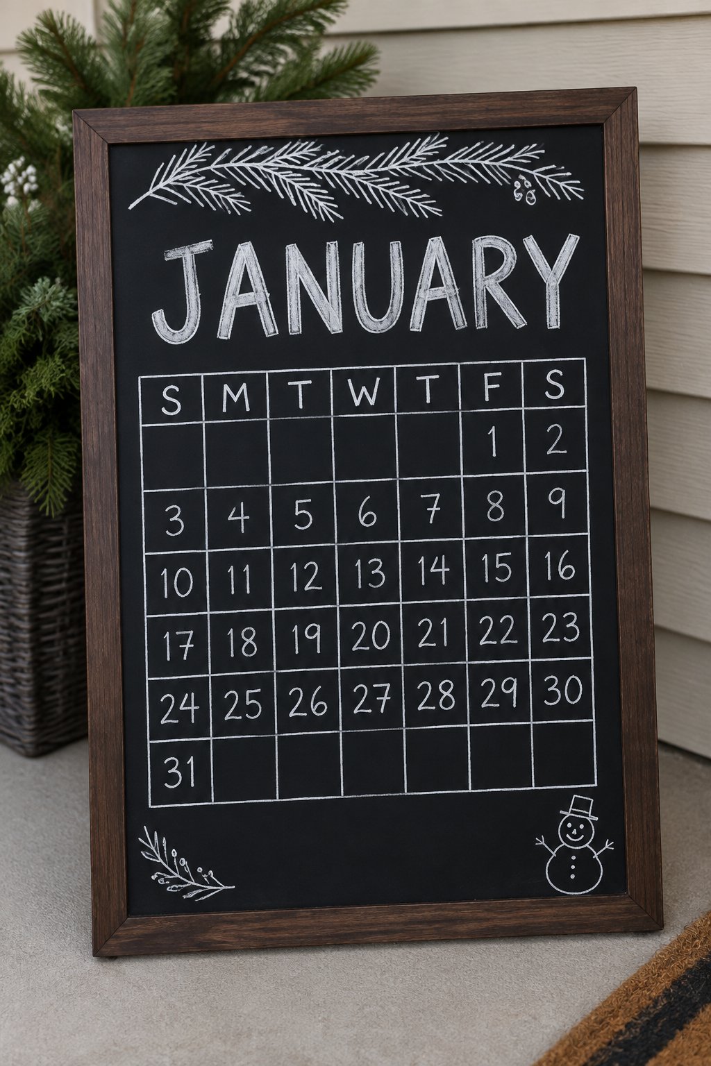 Pine Branch Grid: a hand-drawn winter chalkboard sign reading "JANUARY".