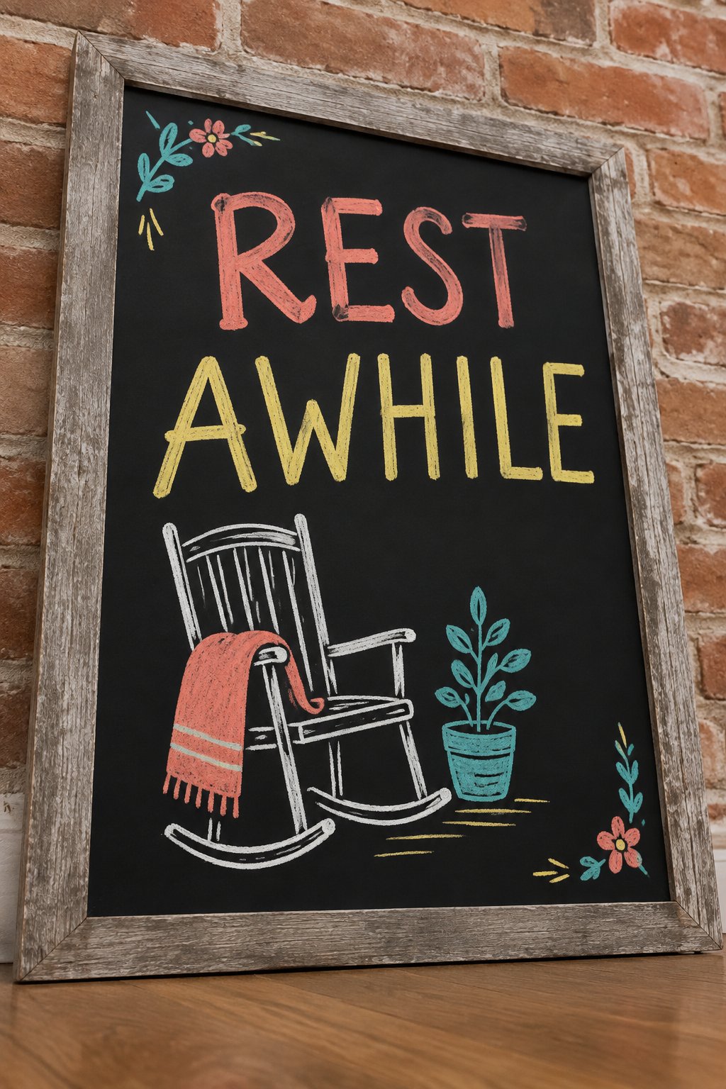 Porch Rocker: a hand-drawn spring chalkboard sign reading "REST AWHILE".
