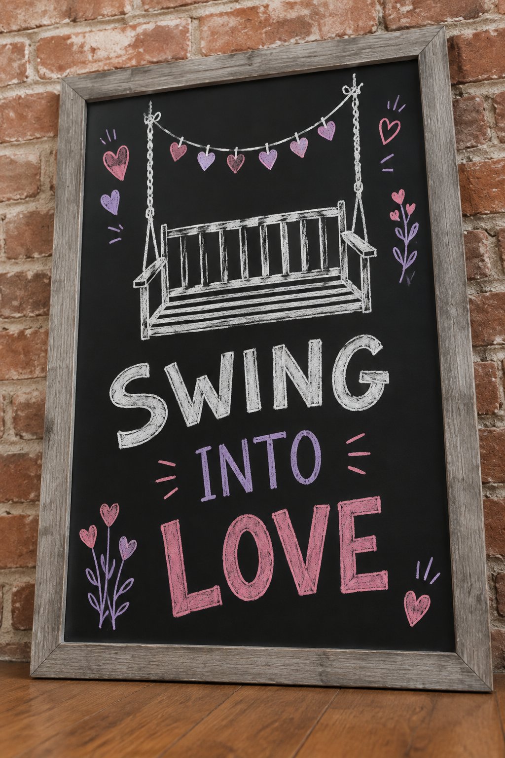 Porch Swing: a hand-drawn valentines chalkboard sign reading "SWING INTO LOVE".