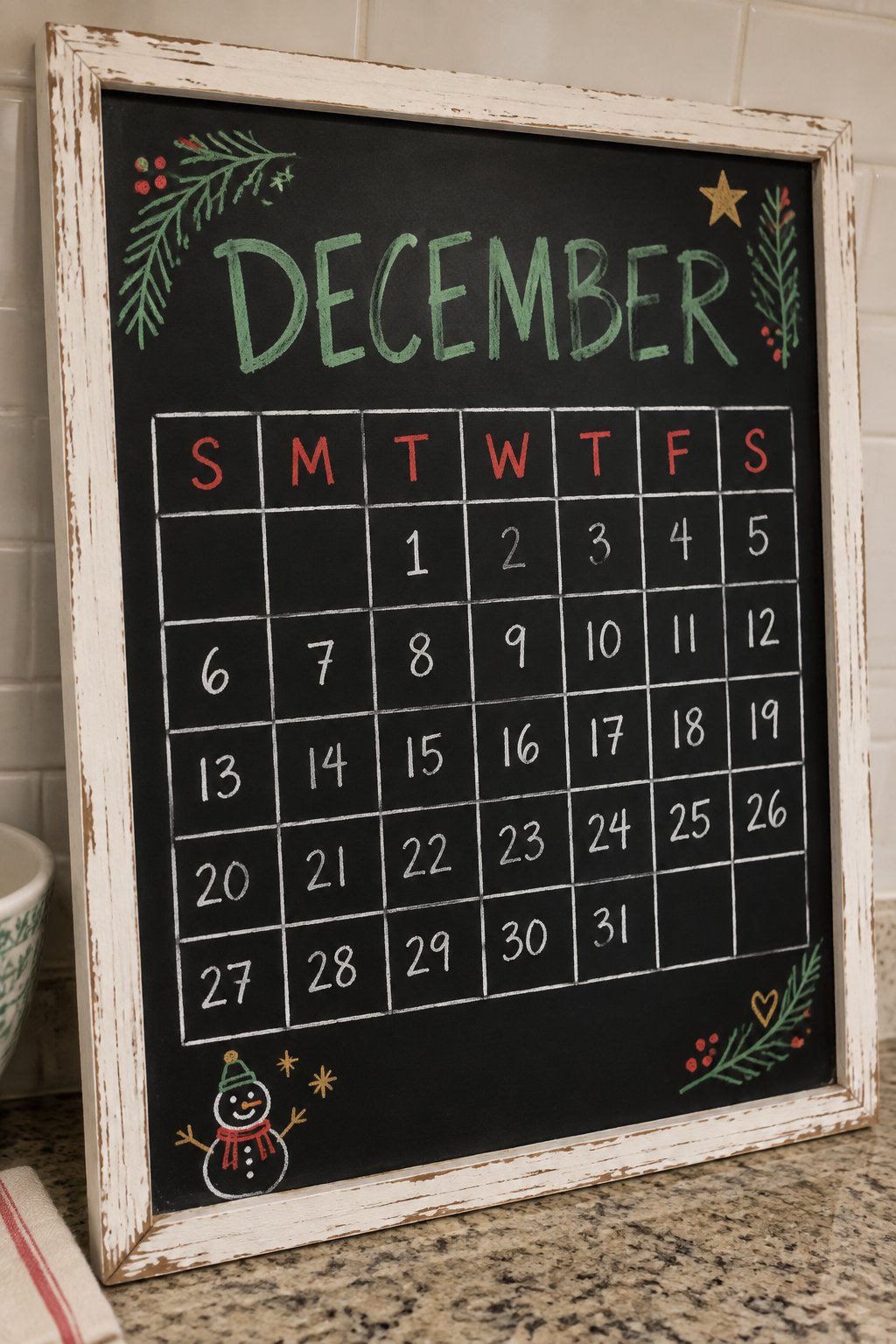 Red and Green Grid: a hand-drawn christmas chalkboard sign reading "DECEMBER".