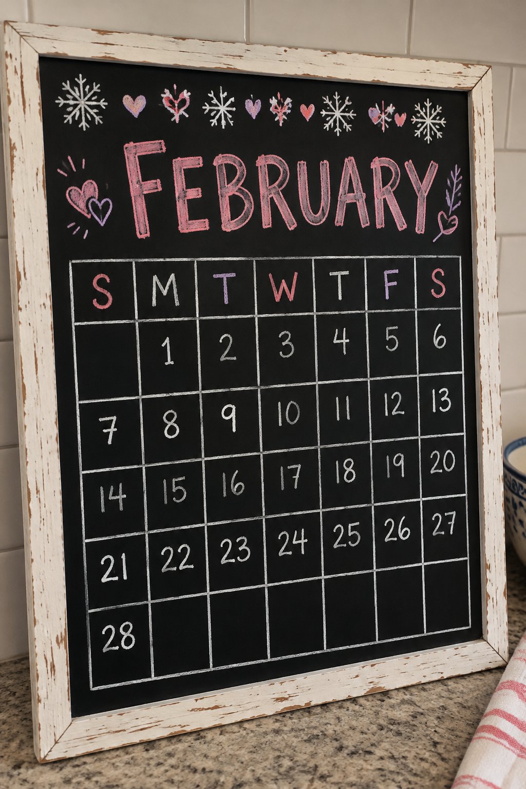 Snowflake Grid: a hand-drawn valentines chalkboard sign reading "FEBRUARY".