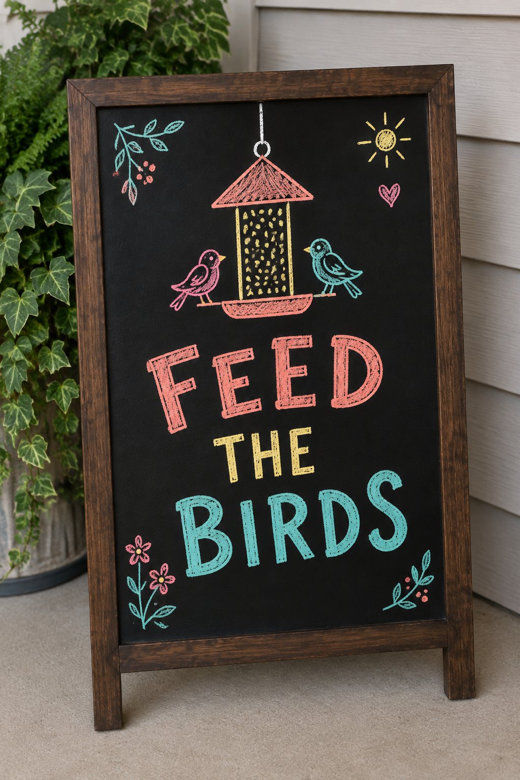 Bird Feeder: a hand-drawn spring chalkboard sign reading "FEED THE BIRDS".