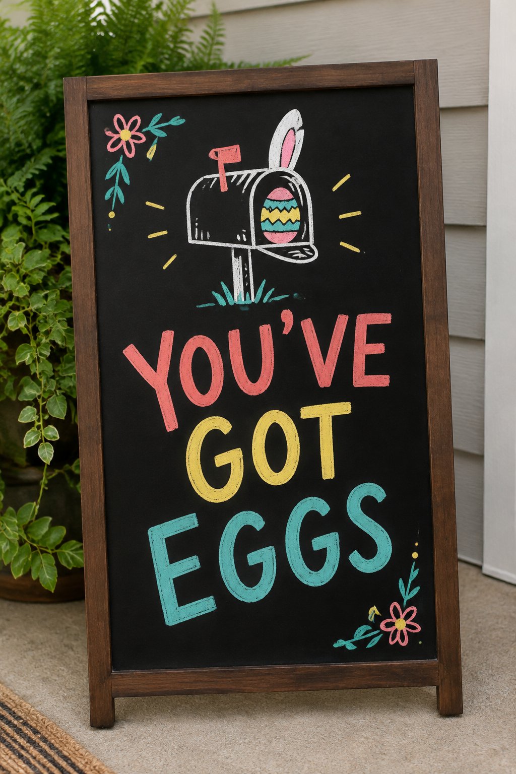 Easter Mailbox: a hand-drawn spring chalkboard sign reading "YOU'VE GOT EGGS".