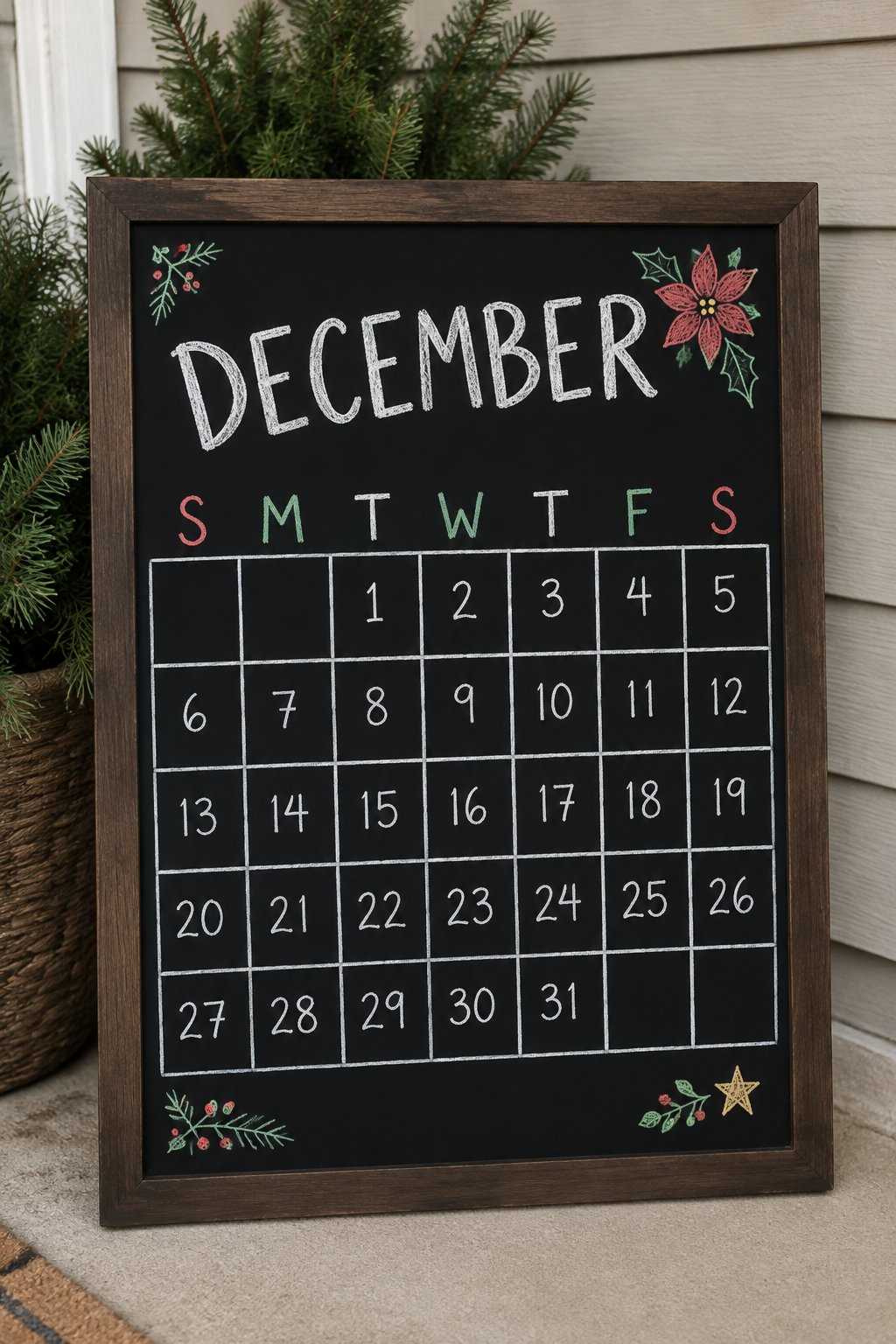 Poinsettia Grid: a hand-drawn christmas chalkboard sign reading "DECEMBER".