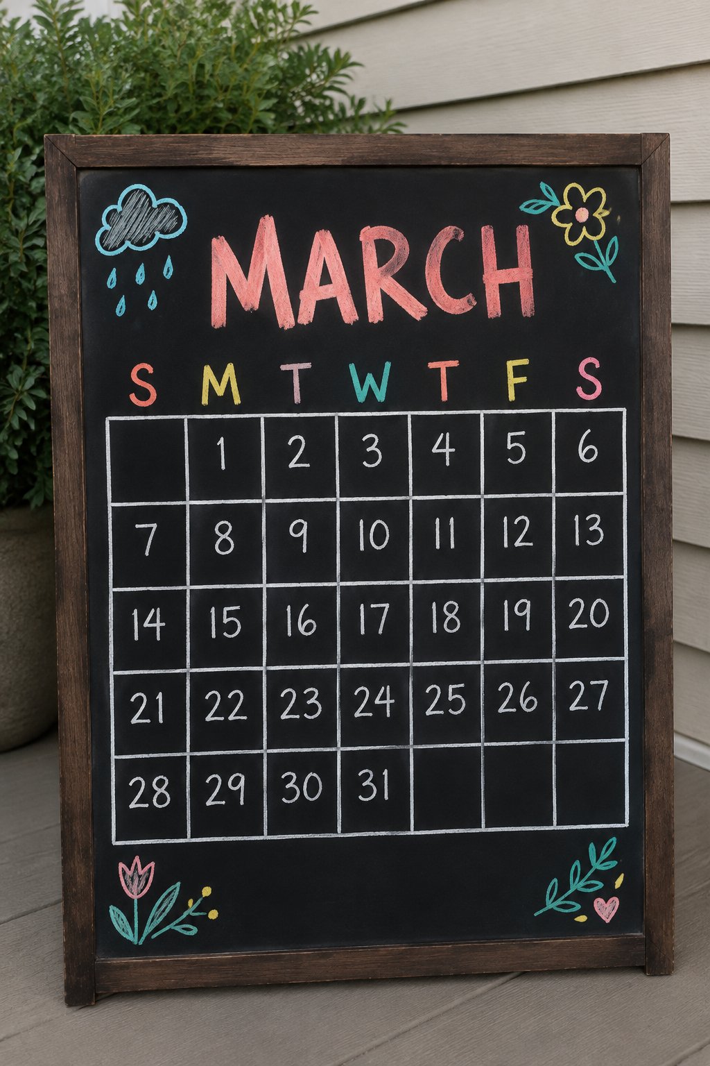 Rain Cloud Grid: a hand-drawn spring chalkboard sign reading "MARCH".