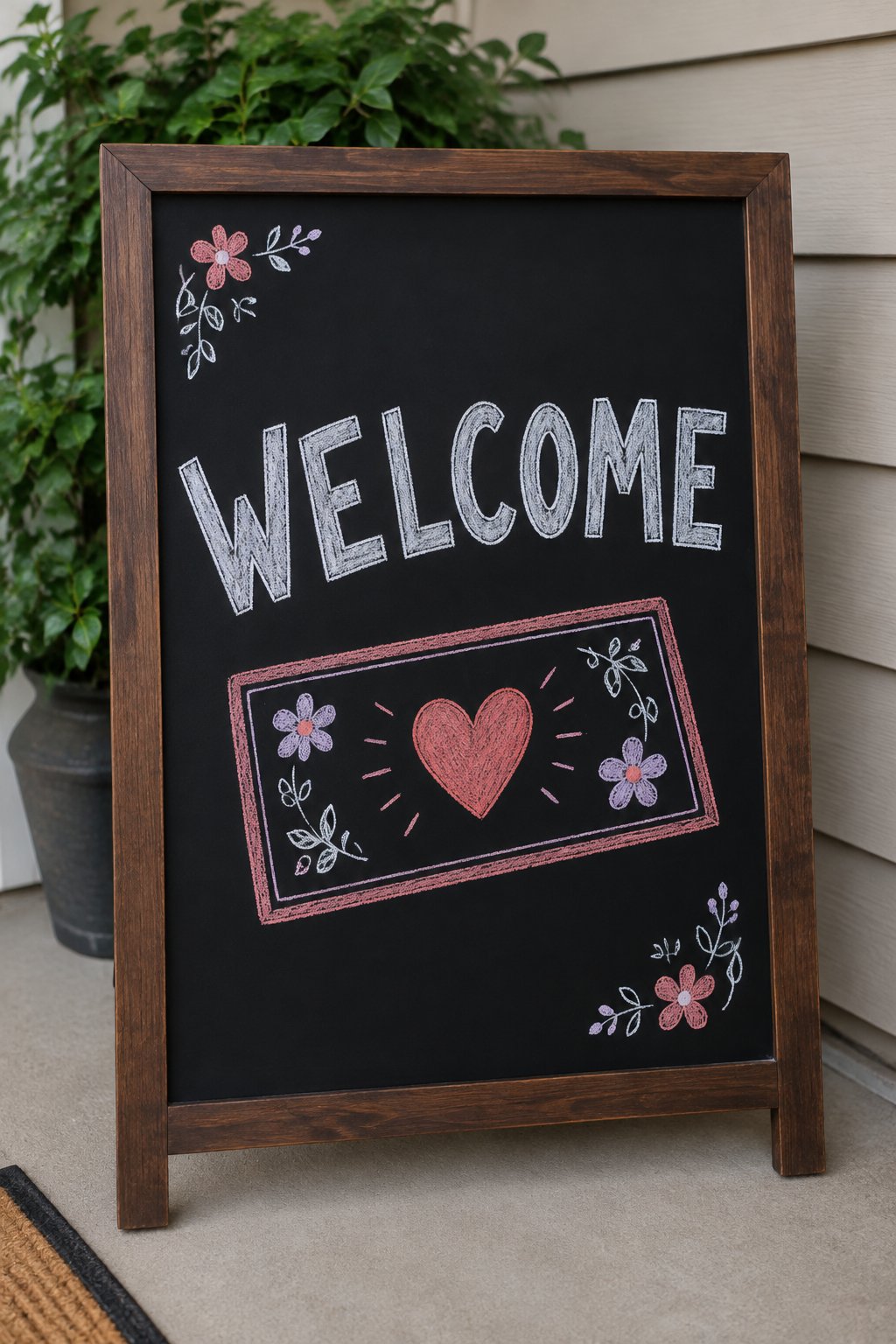 Welcome Doormat: a hand-drawn valentines chalkboard sign reading "WELCOME".