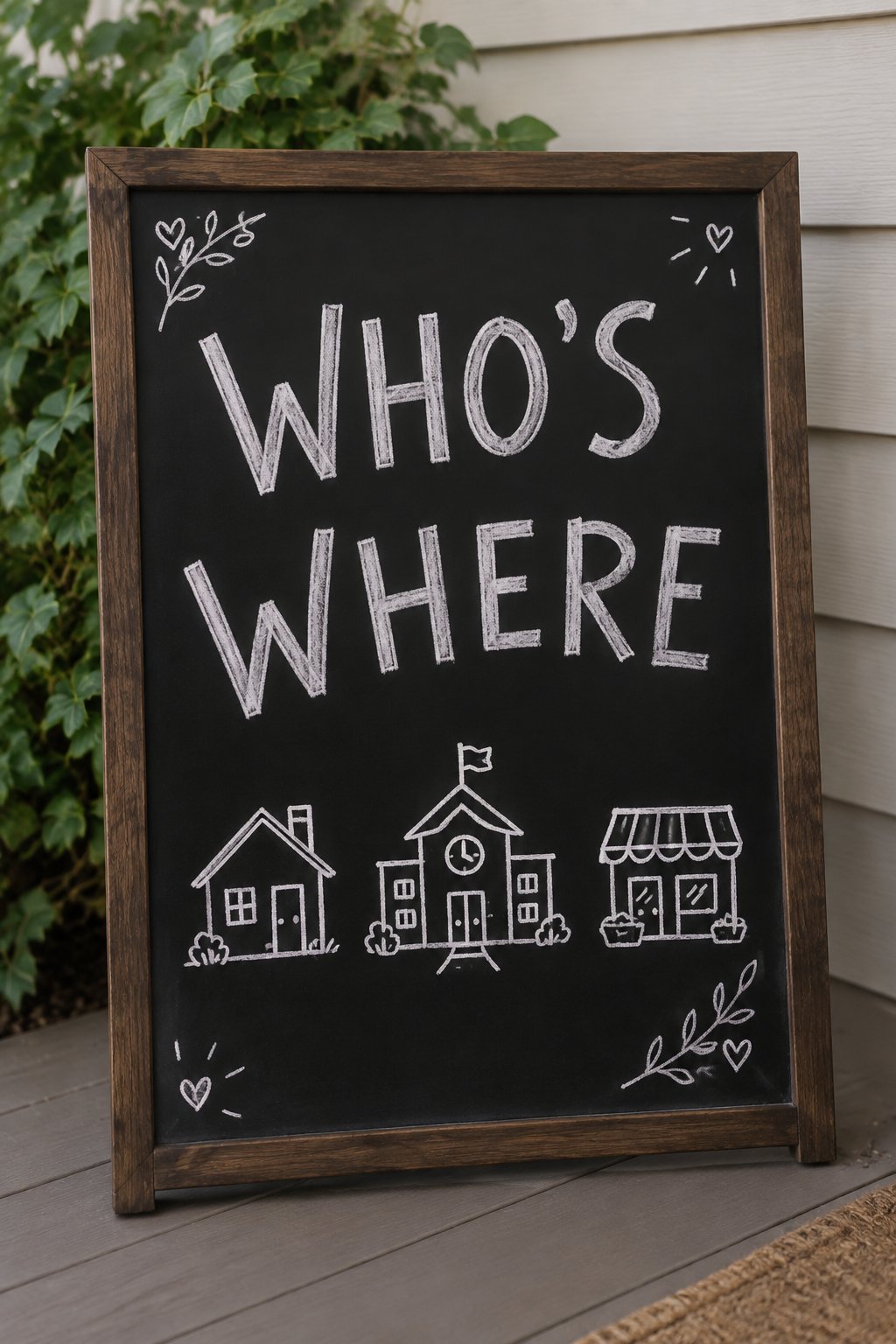 Who's Where: a hand-drawn winter chalkboard sign reading "WHO'S WHERE".