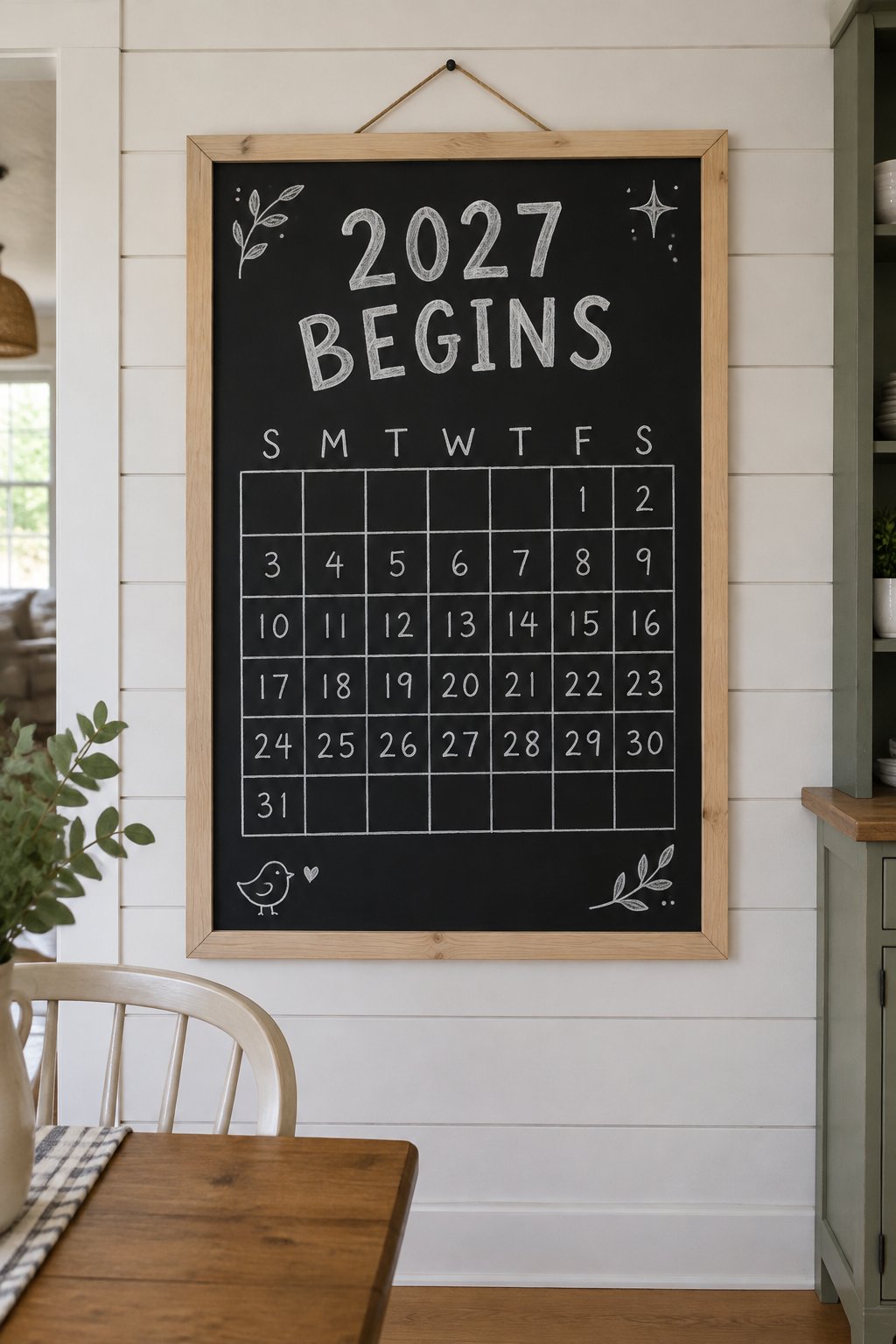 Year Ahead Grid: a hand-drawn winter chalkboard sign reading "2027 BEGINS".