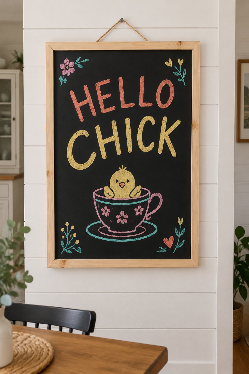 Chick in a Teacup: a hand-drawn spring chalkboard sign reading "HELLO CHICK".