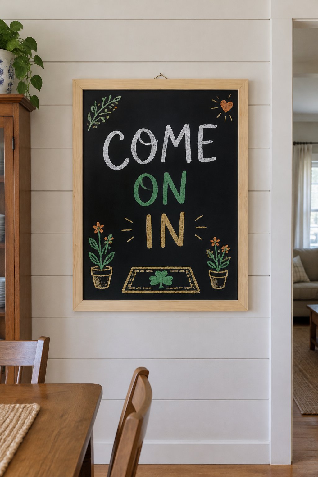 Doormat Welcome: a hand-drawn stpatricks chalkboard sign reading "COME ON IN".