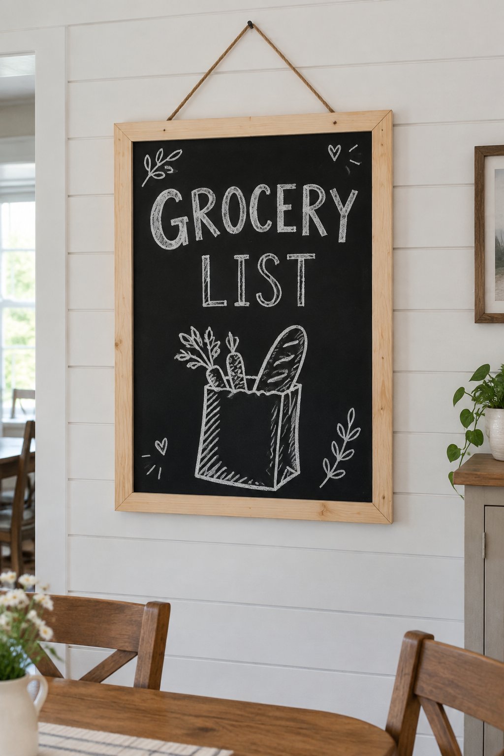 Grocery List: a hand-drawn winter chalkboard sign reading "GROCERY LIST".