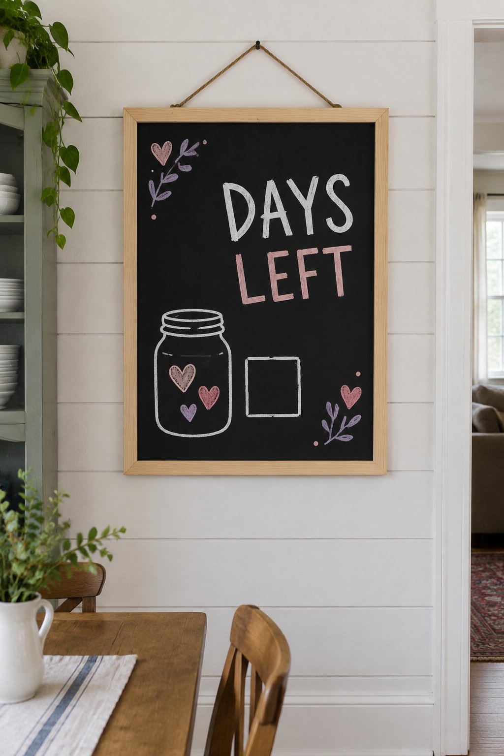 Heart Jar Countdown: a hand-drawn valentines chalkboard sign reading "DAYS LEFT".