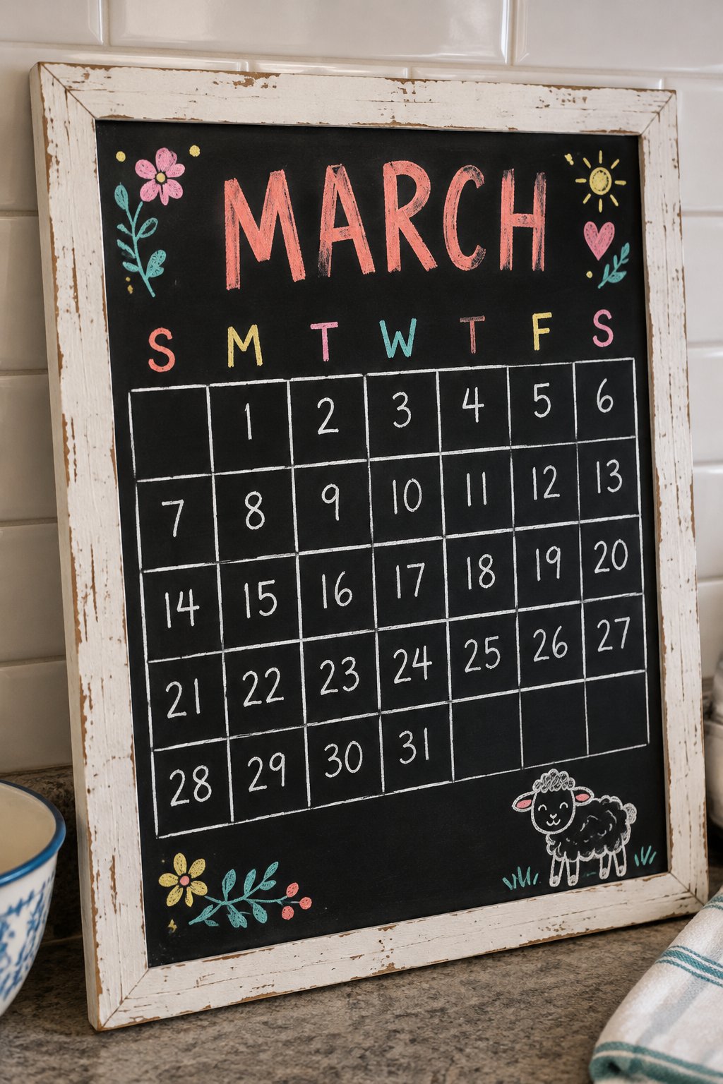 Lamb Corner Grid: a hand-drawn spring chalkboard sign reading "MARCH".